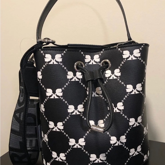NWT KARL LAGERFELD PARIS Adele Crossbody Bucket Bag Black/White Monogram - Picture 2 of 5